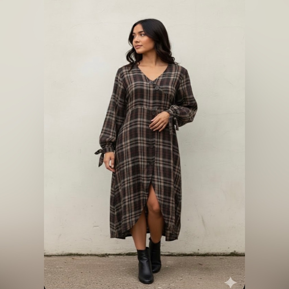 Zara Plaid Brown Midi Dress with Tie Cuffs